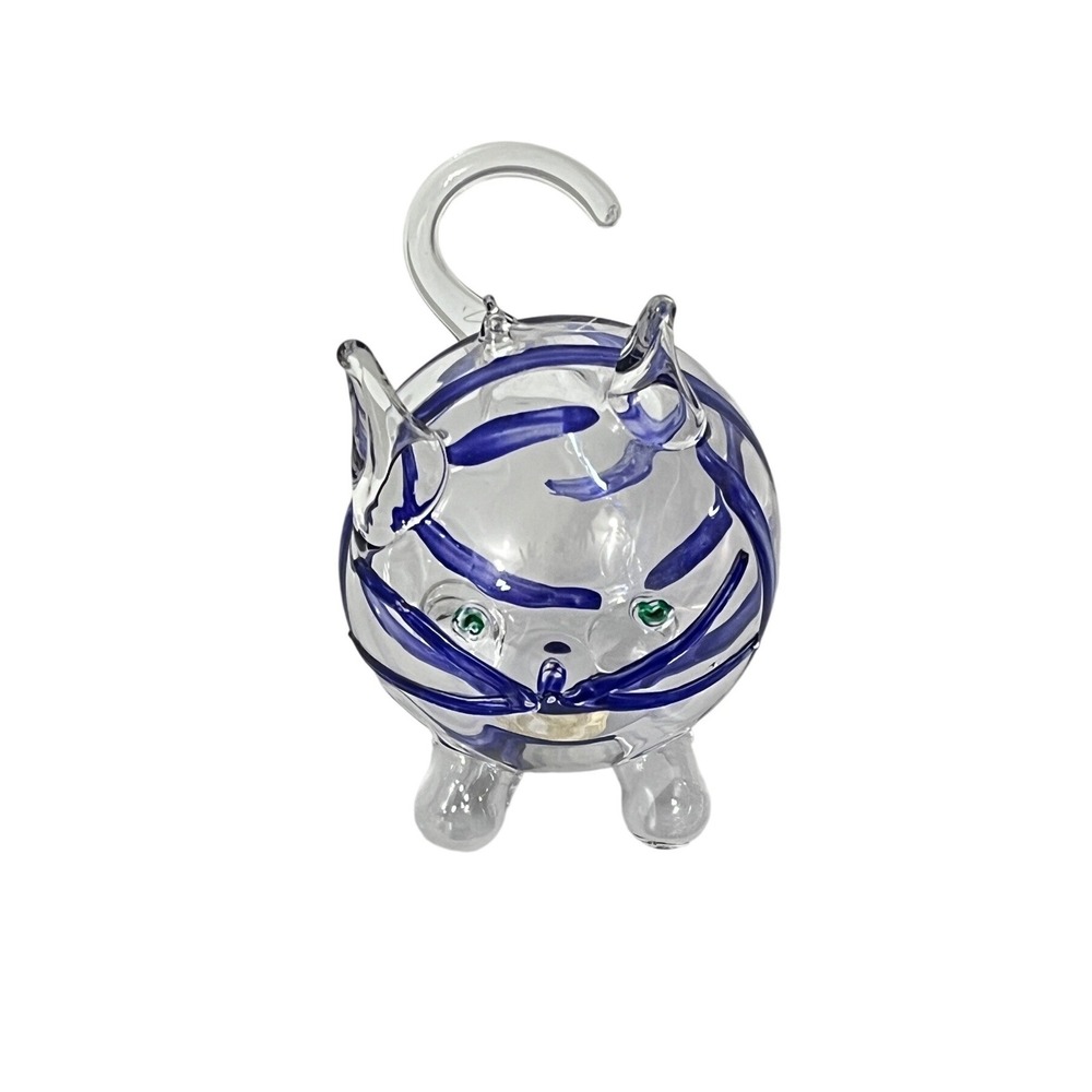 Vietri Glass Cat Figurine Blue Clear Hand Blown Made in Italy Stripe